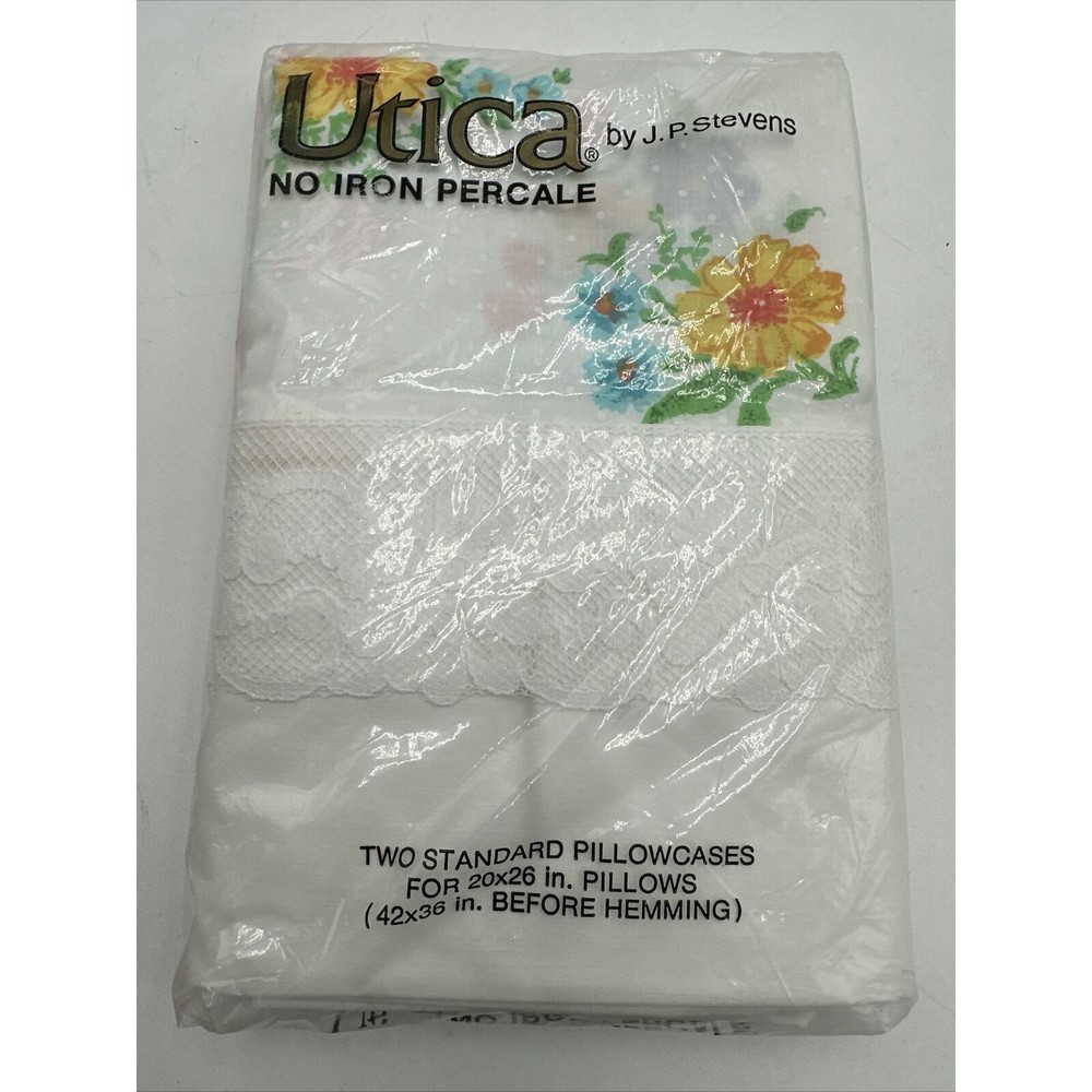 Utica 2 Standard Pillowcases FLORAL Lace By J.P. Stevens VTG Percale NIP